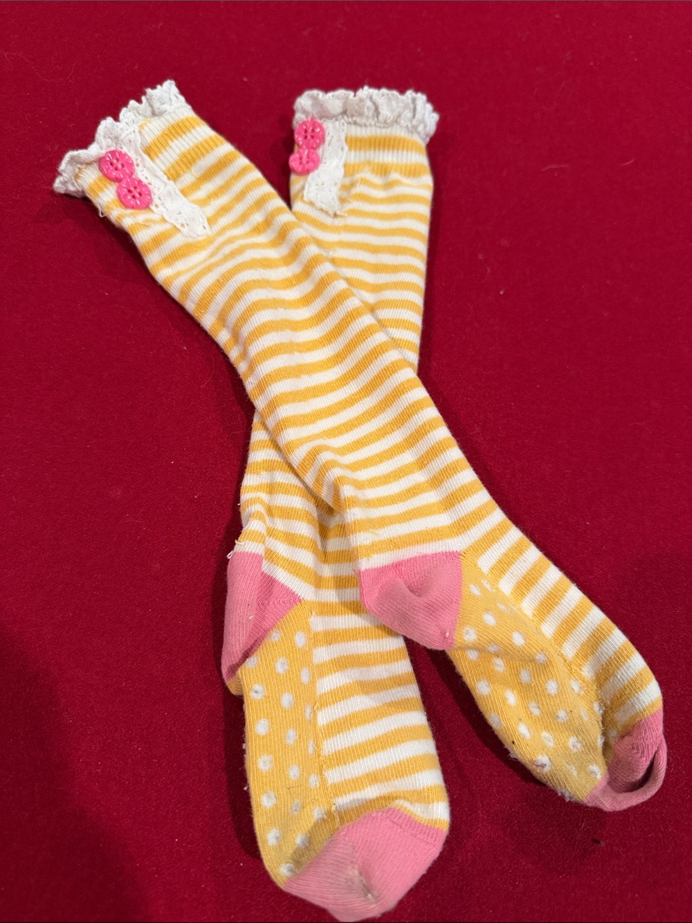 Yellow & Pink Striped Kids Knee-High Socks with Lace Trim